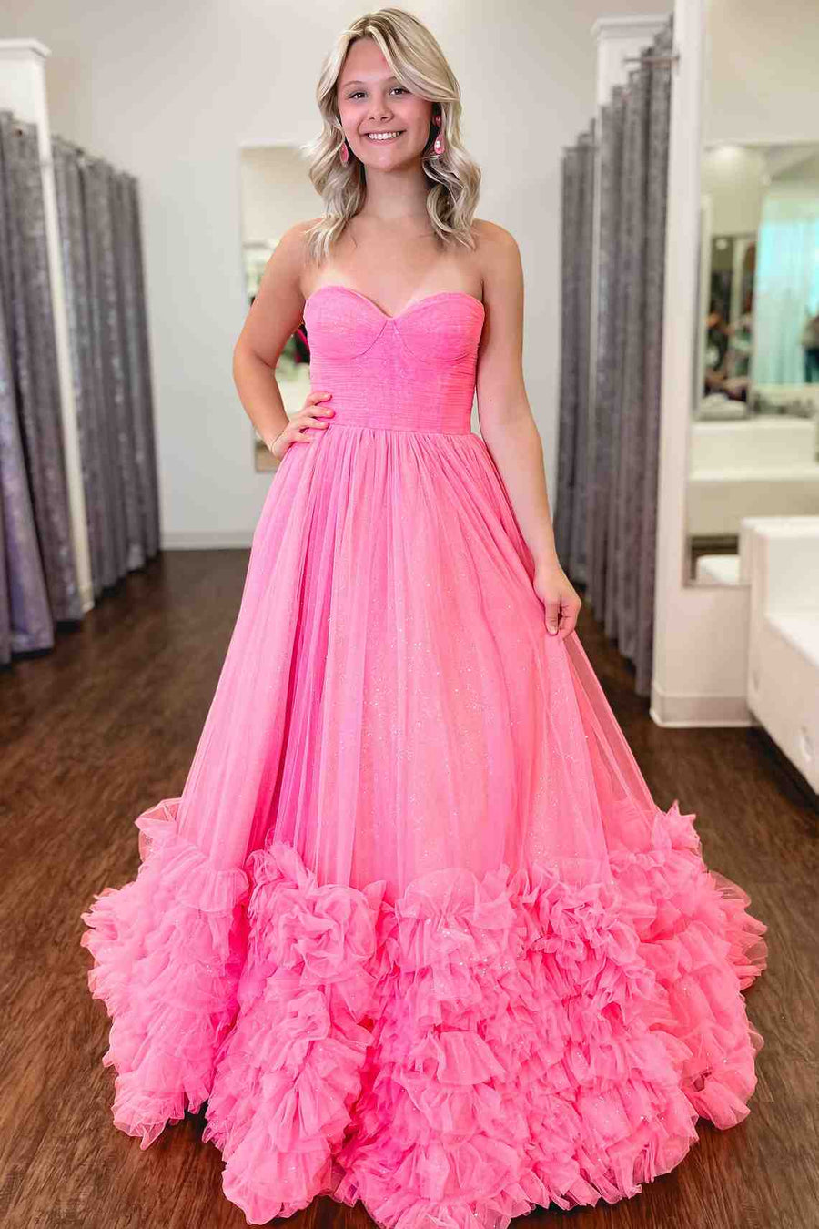 Pink A-Line Empire-Waist Strapless Sleeveless Long Prom Dress