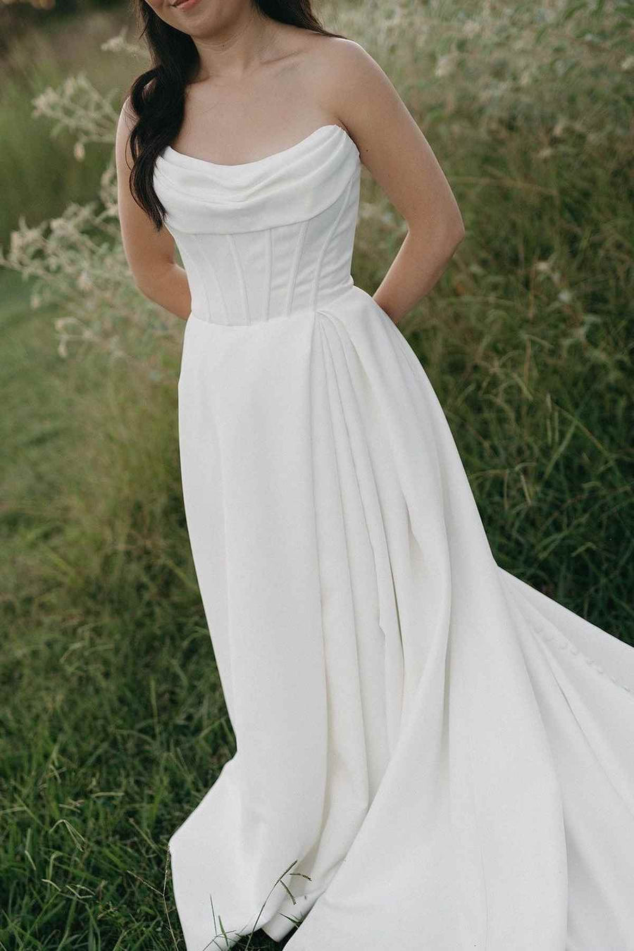 A-Line Strapless Pleated Satin Long Beach Wedding Dress