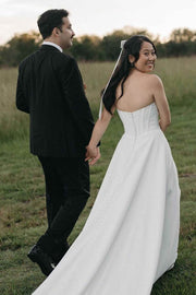 A-Line Strapless Pleated Satin Long Beach Wedding Dress