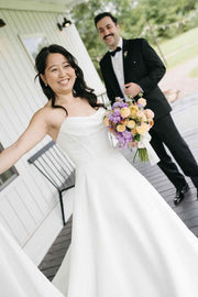 A-Line Strapless Pleated Satin Long Beach Wedding Dress