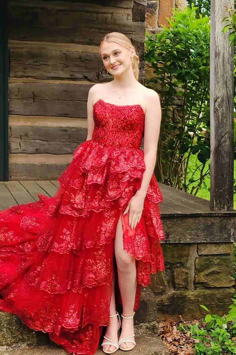 red ruffle prom dress Red Strapless A-Line Sequins Appliques Ruffles Prom Dress Long with Sl – Modsele
