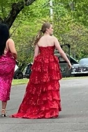 Red Strapless A-Line Sequins Appliques Ruffles Prom Dress Long with Slit