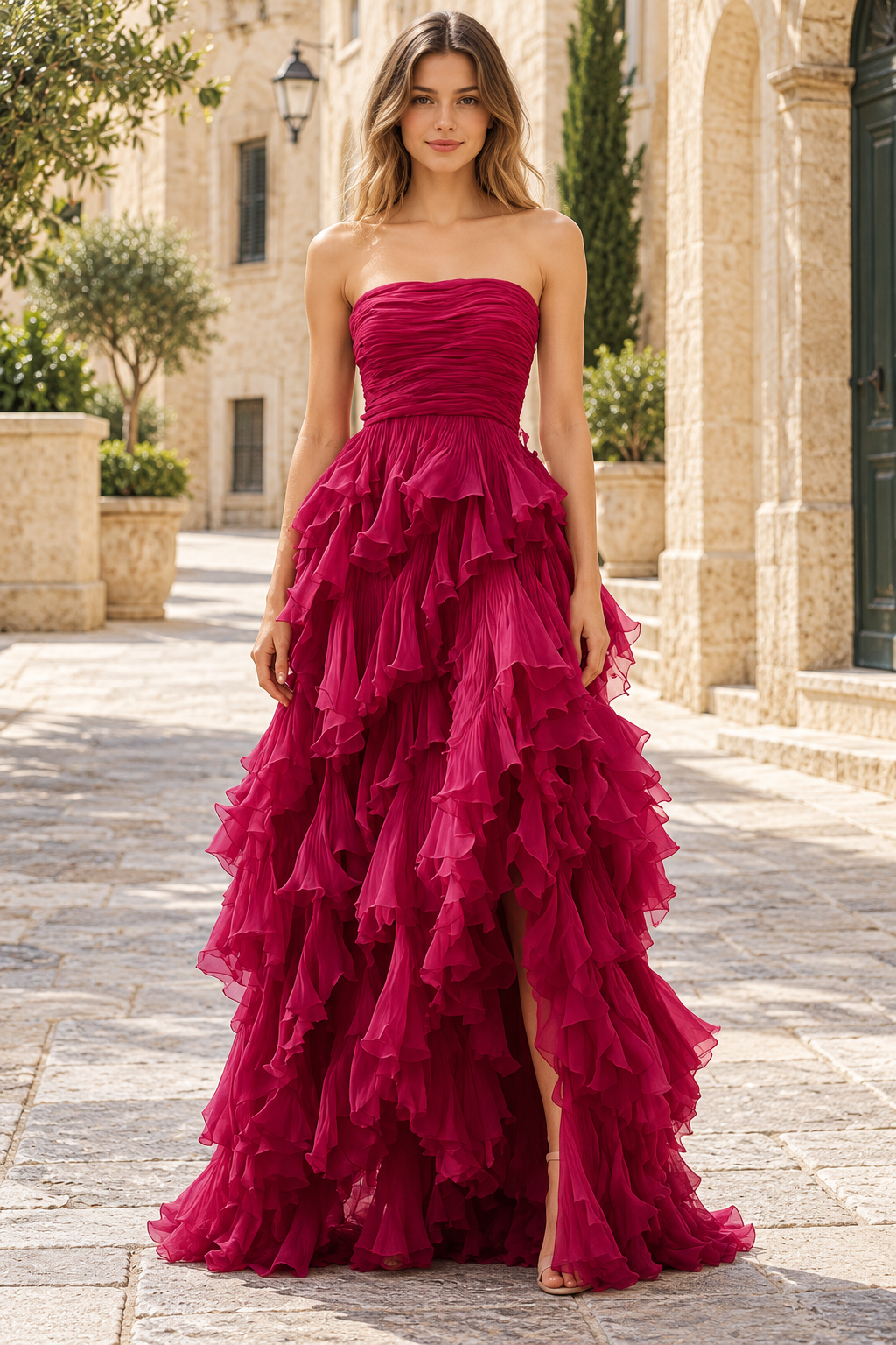 A-Line Strapless Scoop Neck Ruffles Empire-Waist prom Formal Dress