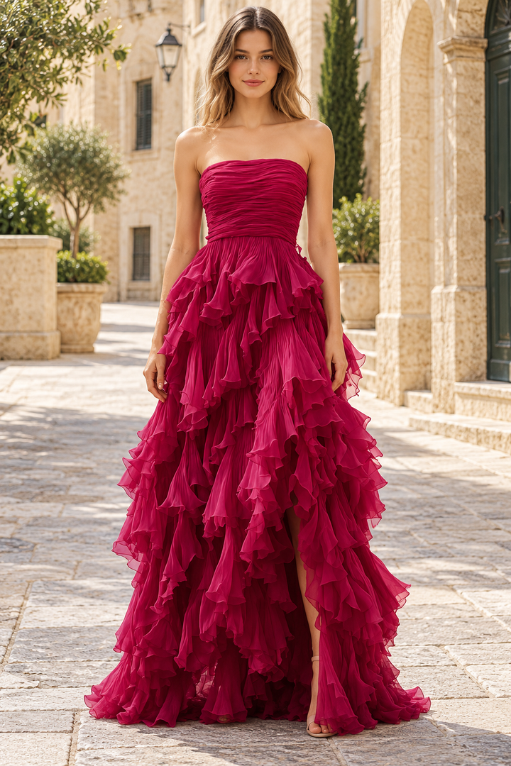 A-Line Strapless Scoop Neck Ruffles Empire-Waist prom Formal Dress
