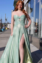 A-Line Strapless Pleated High Slit Sleeveless Metallic Long Prom Dress