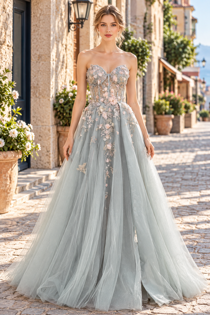A-Line Strapless Sweetheart Tulle Lace Appliques Sleeveless Long Prom Dress