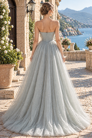 A-Line Strapless Sweetheart Tulle Lace Appliques Sleeveless Long Prom Dress