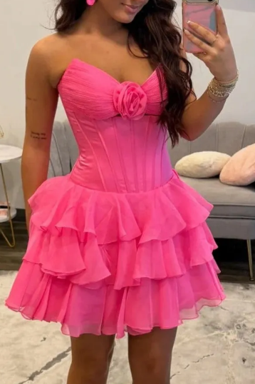 A-Line Strapless Tiered Chiffon Sleeveless Short Homecoming Dress with Flower