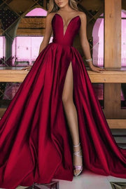 A-Line Strapless V-Neck Empire-Waist Sleeveless Satin Long Prom Dress