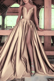 A-Line Strapless V-Neck Empire-Waist Sleeveless Satin Long Prom Dress 