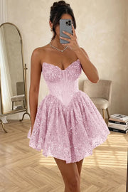 A-Line Strapless V-Neck Sequins Appliques Empire-Waist Short Homecoming Dress