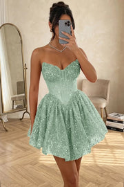 A-Line Strapless V-Neck Sequins Appliques Empire-Waist Short Homecoming Dress