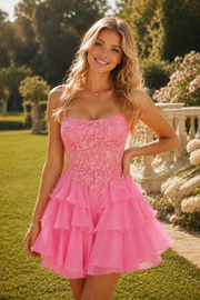 A-Line Straps Scoop Neck Appliques Ruffles Short Homecoming Dress