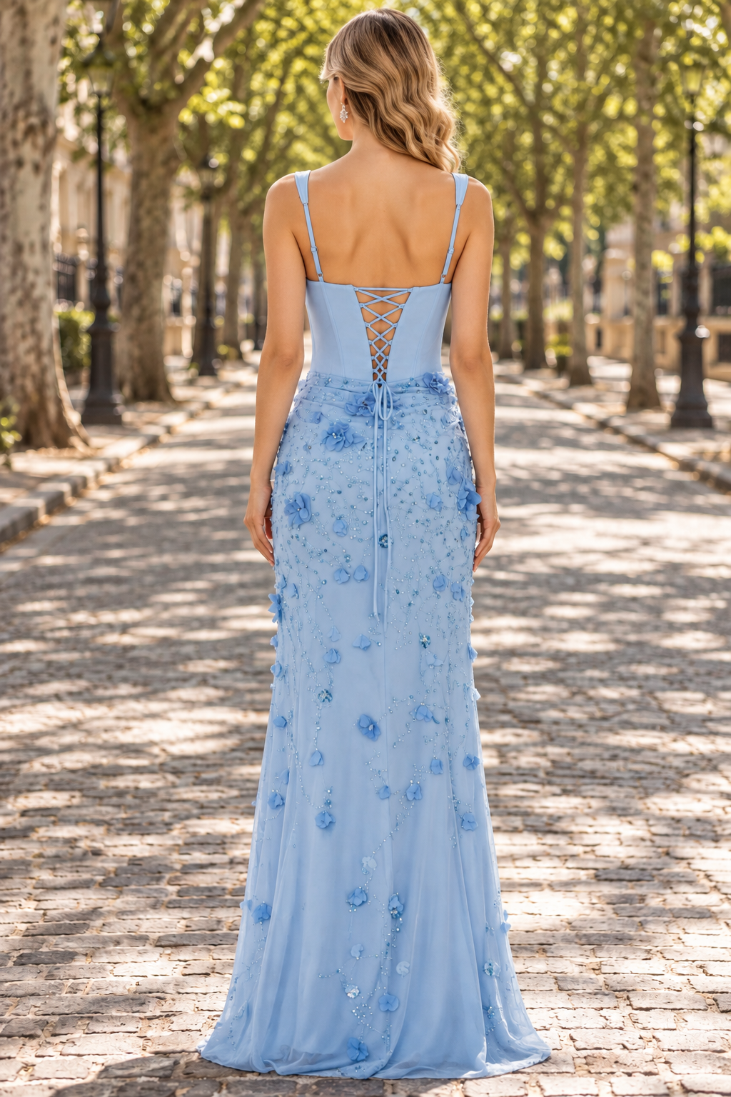 A-Line Straps Square Neck Appliques Side Slit Long Prom Dress