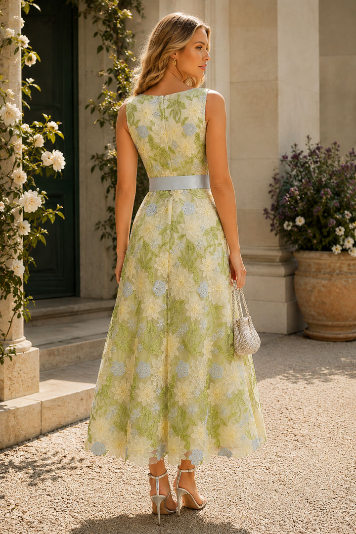 A-Line V-Neck Empire-Waist Sleeveless Floral Prom Cocktail Dress with Bow