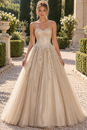 Beautiful A-Line Strapless Sweetheart Empire-Waist Lace Appliques Long Prom Dress