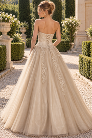 Beautiful A-Line Strapless Sweetheart Empire-Waist Lace Appliques Long Prom Dress