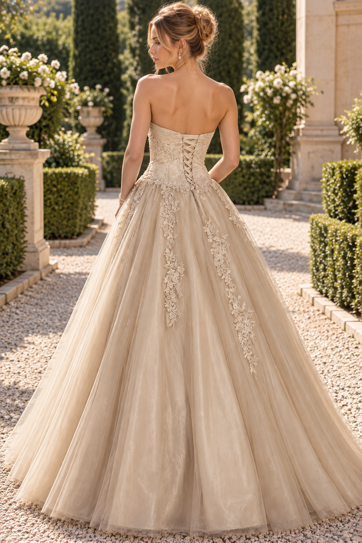 Beautiful A-Line Strapless Sweetheart Empire-Waist Lace Appliques Long Prom Dress