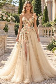 Beautiful One Shoulder A-Line Flower Appliques Tulle Long Prom Dress with Slit
