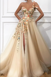 Beautiful One Shoulder A-Line Flower Appliques Tulle Long Prom Dress with Slit