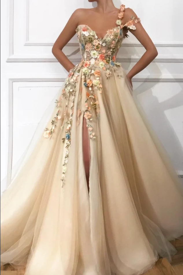 Beautiful One Shoulder A-Line Flower Appliques Tulle Long Prom Dress with Slit