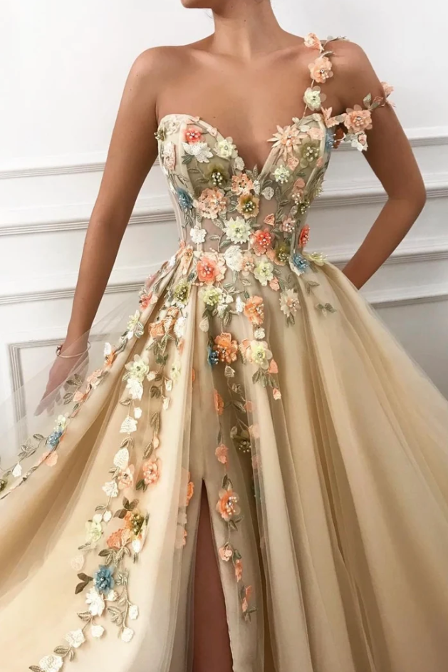 Beautiful One Shoulder A-Line Flower Appliques Tulle Long Prom Dress with Slit