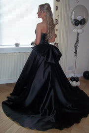 Black A-Line Empire-Waist Strapless Satin Prom Dress with Bow