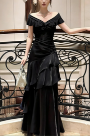 Black A-Line Off-Shoulder V-Neck Ruffles Long Prom Dress