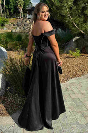 Black Off-Shoulder A-Line Empire-Waist Pleated Long Prom Dress with Slit