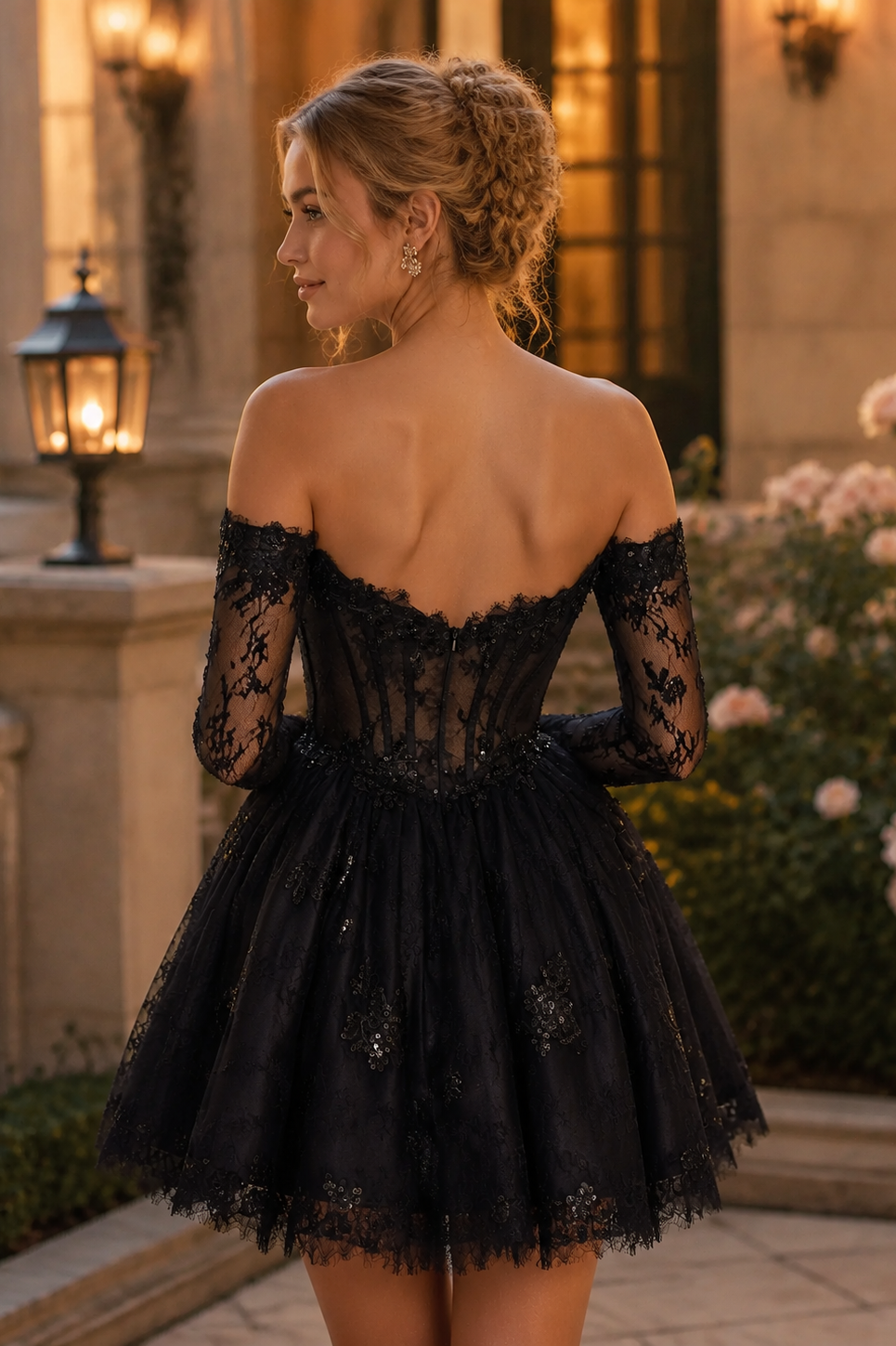 Black A-Line Sequin Appliques Empire-Waist Homecoming Dress with Gloves