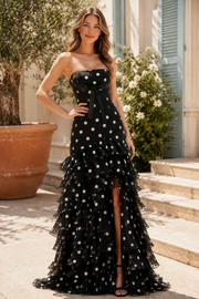 Black A-Line Strapless Chiffon Polka Dots Ruffles Long Prom Dress