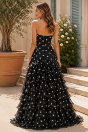 Black A-Line Strapless Chiffon Polka Dots Ruffles Long Prom Dress