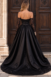 Black A-Line Strapless Ruched Satin Pleated Prom Evening Dress with Slit