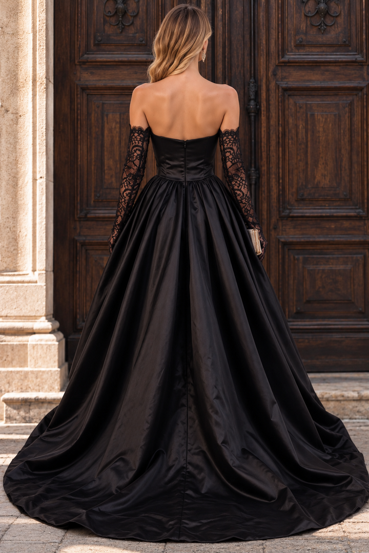 Black A-Line Strapless Ruched Satin Pleated Prom Evening Dress with Slit