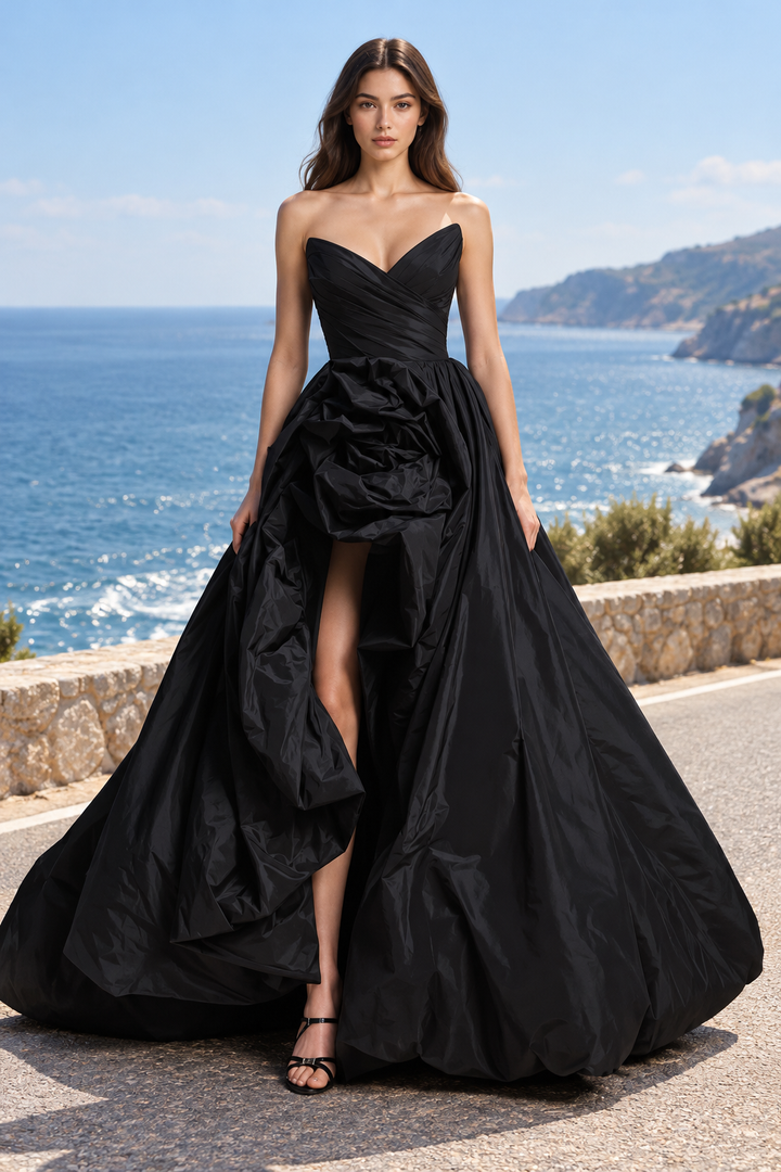 Black A-Line Strapless Ruched V-Neck Empire-Waist Satin Long Prom Dress with Train