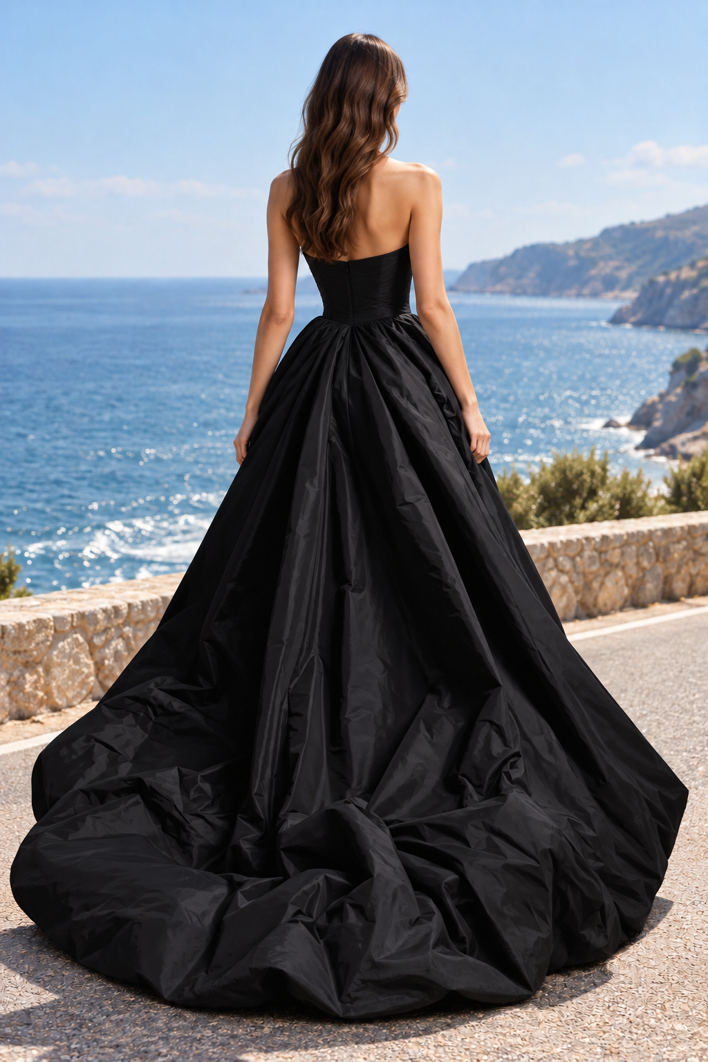 Black A-Line Strapless Ruched V-Neck Empire-Waist Satin Long Prom Dress with Train