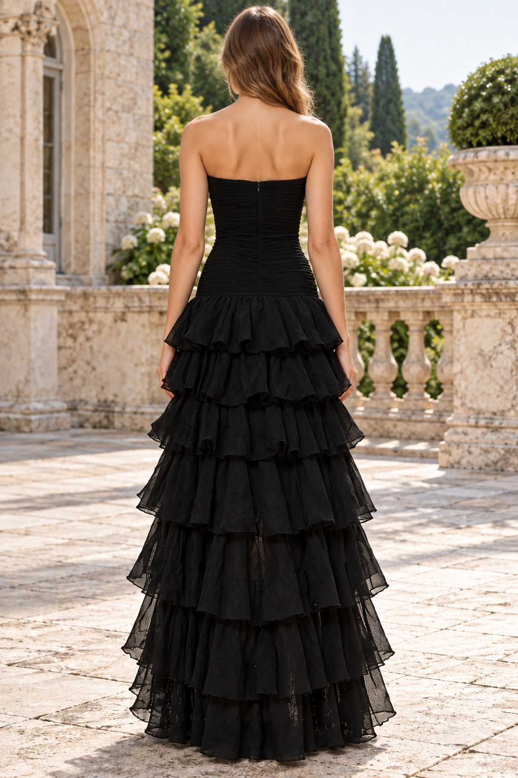 Black A-Line Strapless Ruffles High Slit Prom Formal Dress