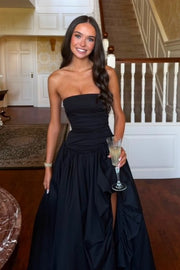 Black A-Line Strapless Scoop Neck High Slit Satin Long Prom Dress