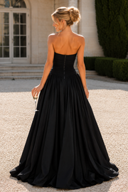 Black A-Line Strapless Scoop Neck High Slit Satin Long Prom Dress