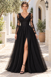 Black A-Line V-Neck Long Sleeves Tulle Appliques Prom Dress with Slit