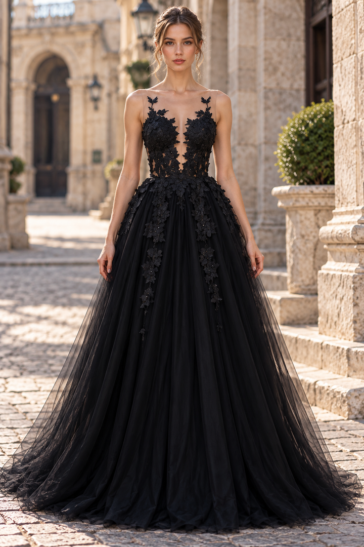 Black Illusion V-Neck Lace Appliques A-Line Tulle Long Prom Dress
