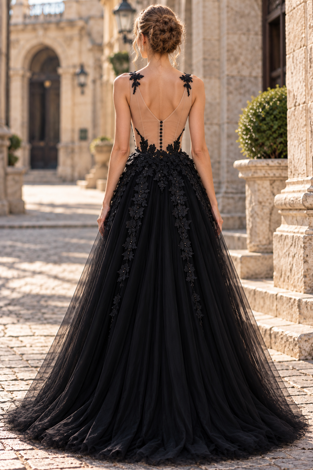 Black Illusion V-Neck Lace Appliques A-Line Tulle Long Prom Dress