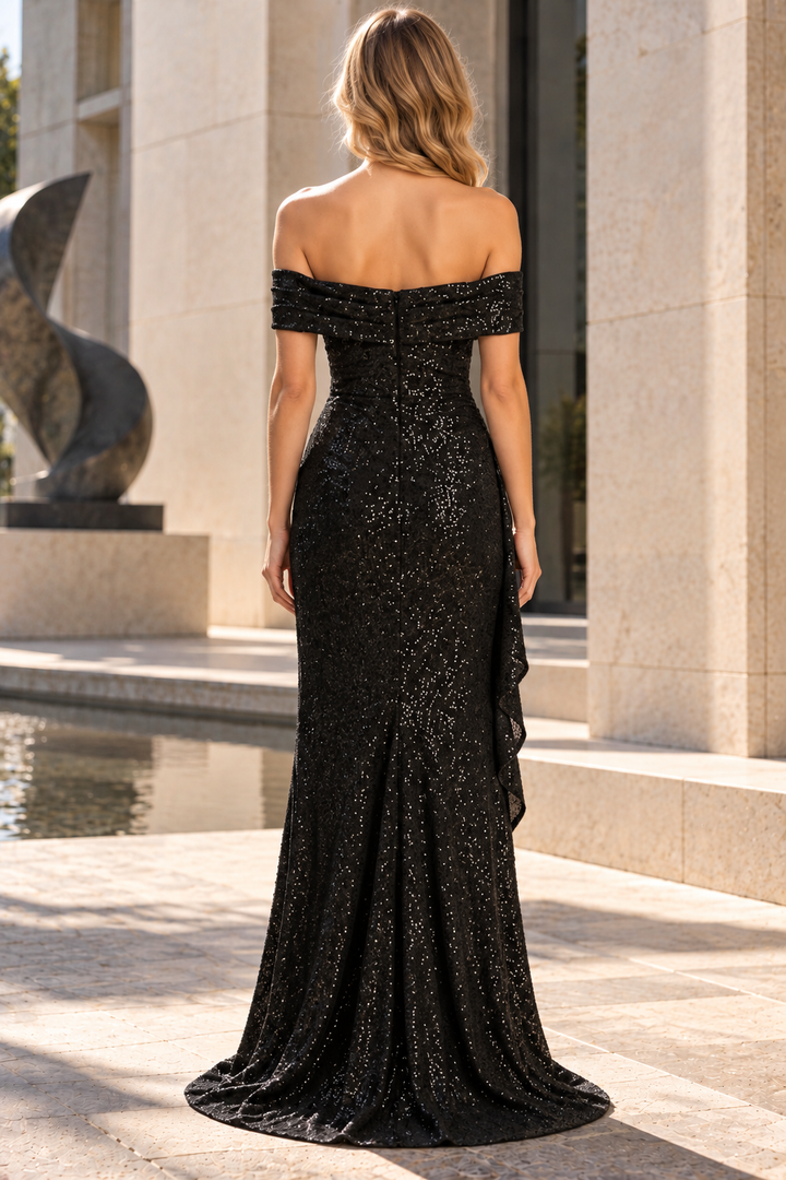 Black Off-Shoulder Sweetheart Sequined Long Prom Dress with High Slit