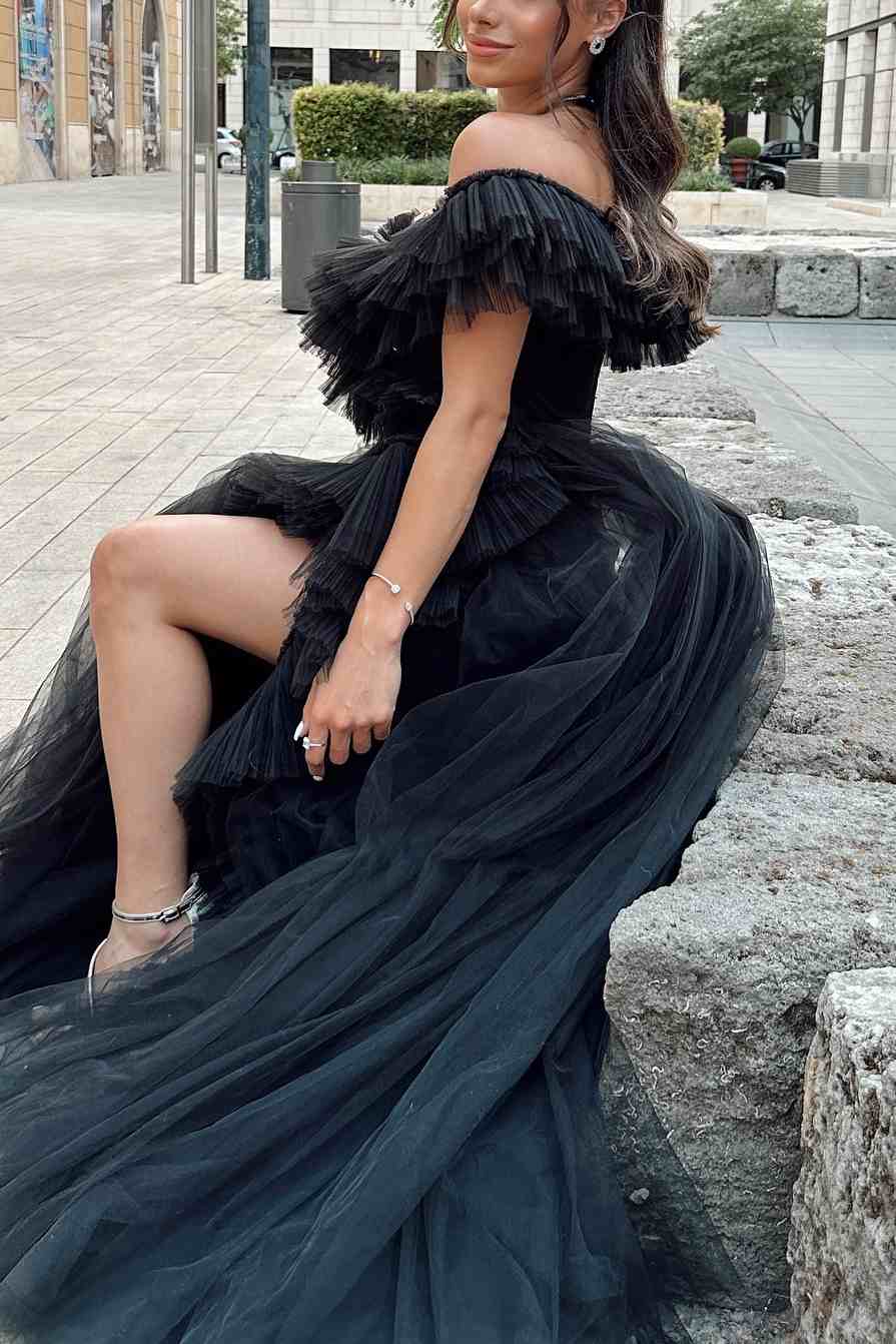 Off-Shoulder Black A-Line Ruffles Tulle Long Prom Dress with Slit