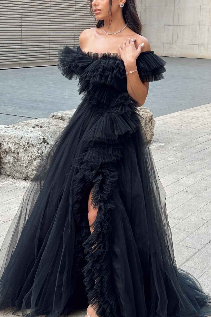 Off-Shoulder Black A-Line Ruffles Tulle Long Prom Dress with Slit