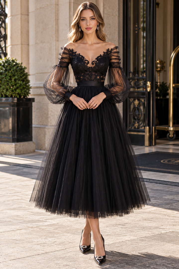 Black Off-Shoulder V-Neck A-Line Backless Tulle Prom Dress with Long Sleeves