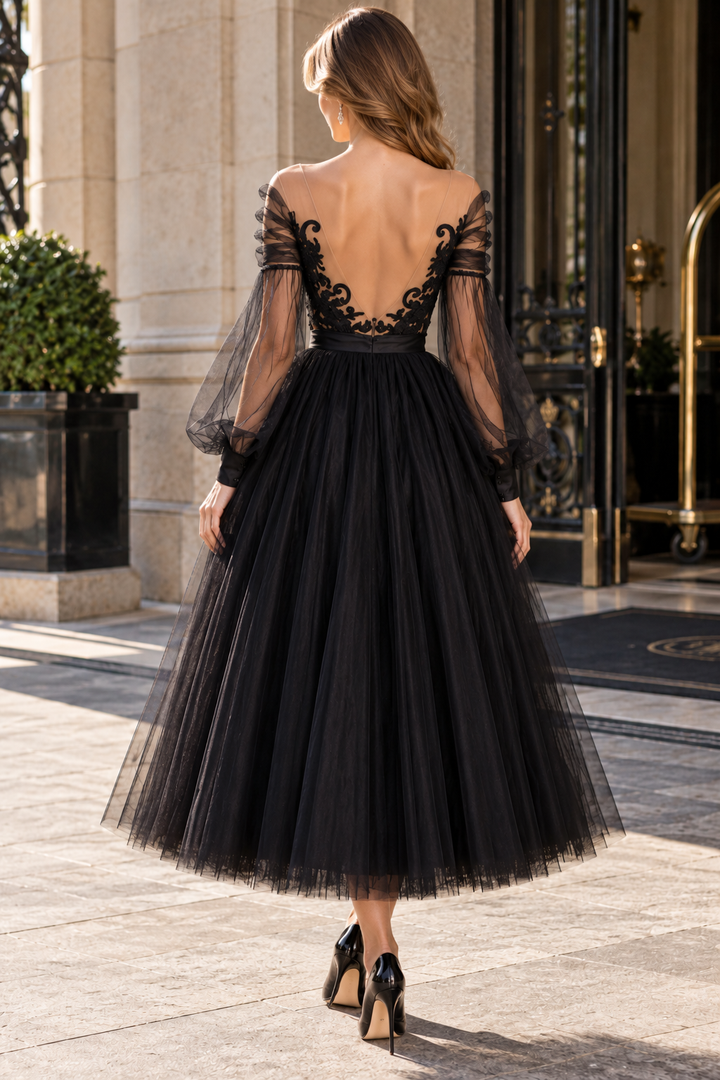 Black Off-Shoulder V-Neck A-Line Backless Tulle Prom Dress with Long Sleeves