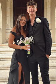 Black Off-Shoulder V-Neck High Slit Satin Evening Prom Dress