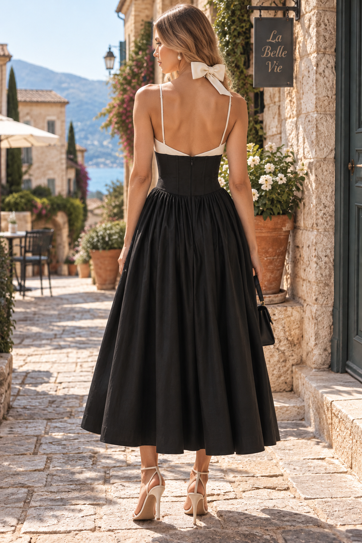 Black Spaghetti Straps A-Line Empire-Waist Pleated Prom Formal Dress with Bow