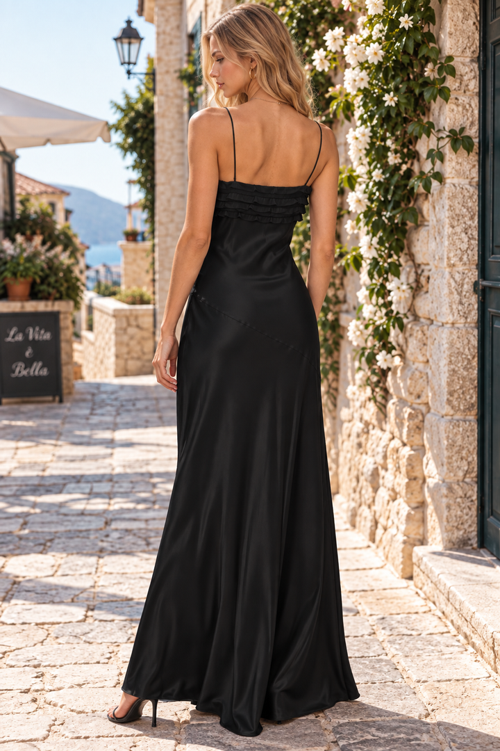 Black Spaghetti Straps A-Line Satin Pleats Sleeveless Prom Formal Dress